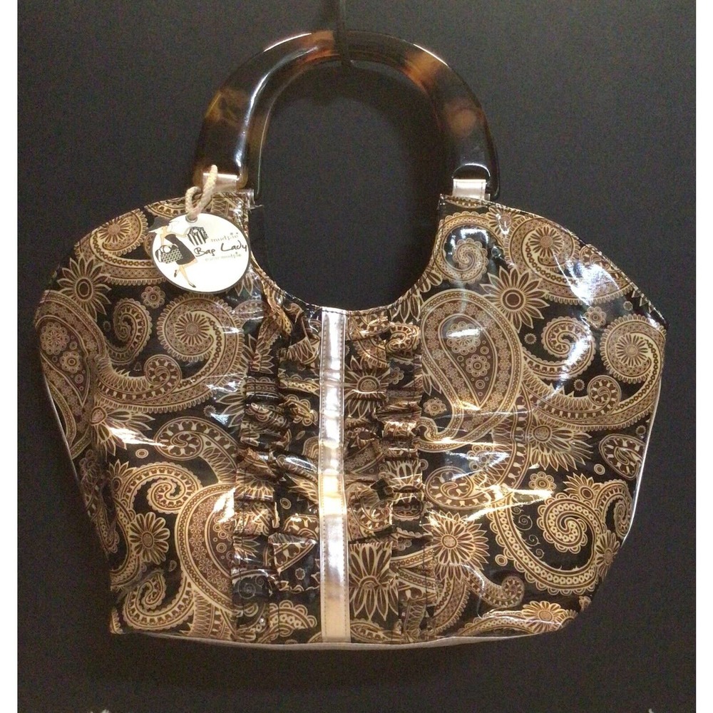 Bag Lady Mud Pie Purse Tote Bag Gold Brown Black Beach Paisley NWT Tortoise 903A